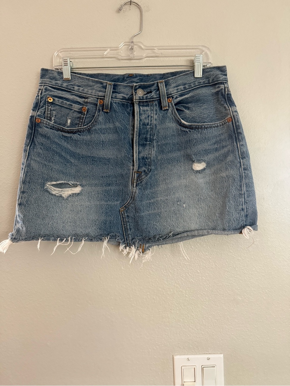 Levi's Distressed Denim Jean Mini Skirt - Light Blue